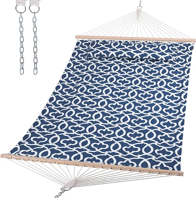 SUNCREAT Double Tree Hammock with Hardwood Spreader Bar Extra Large Soft Pillow Heavy Duty Hanging Hammock for Indoor Outdoor Blue Pattern