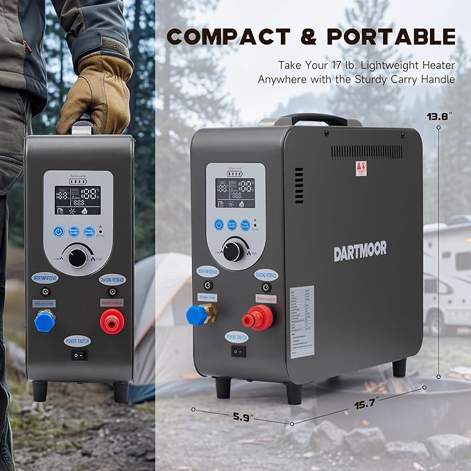 DARTMOOR Portable Propane Water Heater Battery Powered Outdoor Portable Shower with 37500 BTU LCD Display Auto Shutoff Camping Shower with 4500mAh Rechargeable Battery for Hunting Cleaning Camping