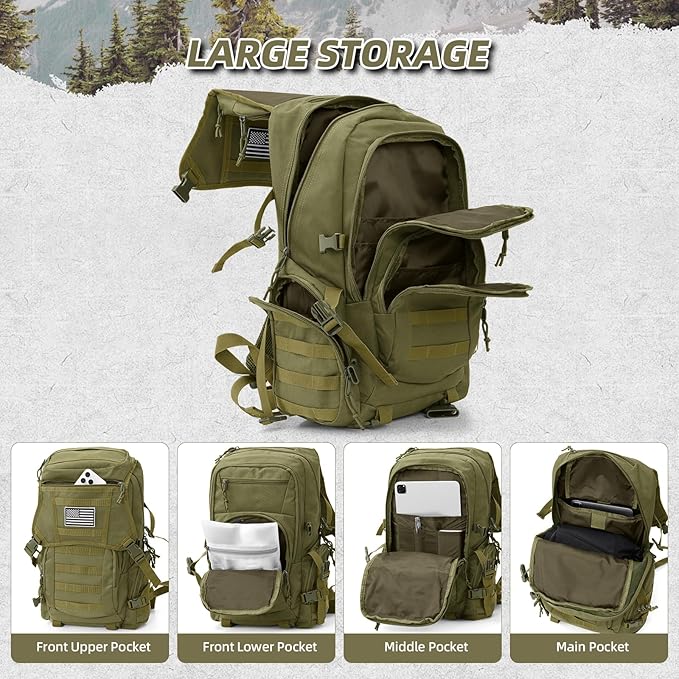 35L Military Tactical Backpack for Men Water Resistant Assault Pack for Women Army Green Molle Daypack 3 Day Bug Out Bag Rucksack for TrekkingCampingSurvivalEDC