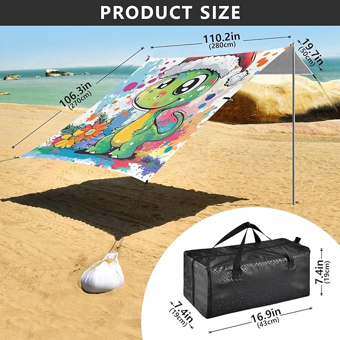 Funny Dinosaur1 Beach Tent &amp Canopy UPF50+ Protection Easy Setup Large Portable Sun Shelter with Sturdy Poles Sandbags and Shovel for Camping Fishing Backyard Fun