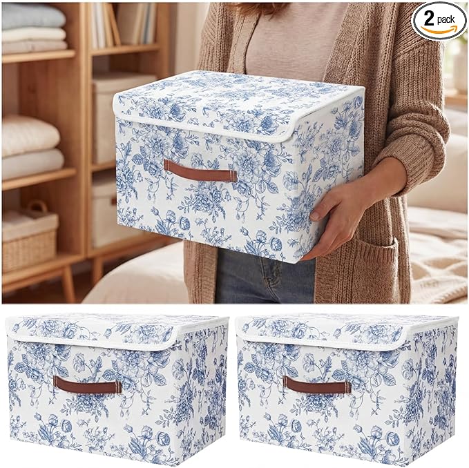 2 Pack Blue Floral Storage Bin with Lids Handles Large Blue and White Porcelain Storage Boxes 10x8x7 Inch Foldable Fabric Basket Decorative Cube Organizer for Clothes Nursery Home Dorm