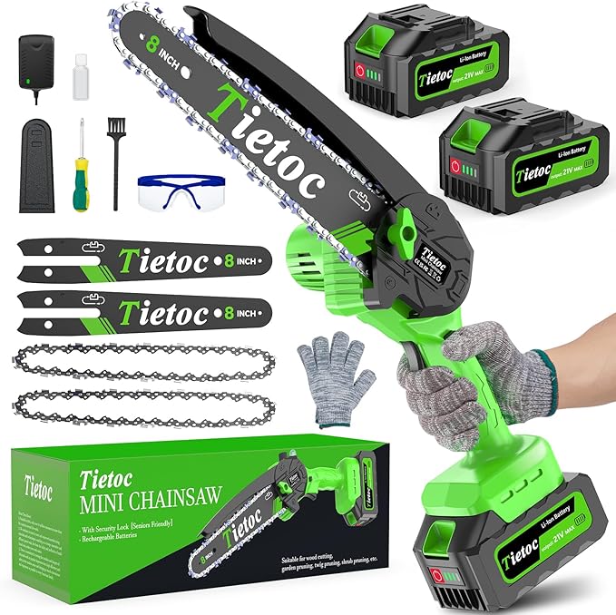 Tietoc Mini Chainsaw 8 inch Cordless with 2x 4000mAh Batteries Battery Powerd Chain saw with Oiler Lightweight Handheld Saw for Hous