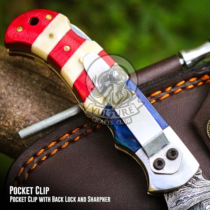 Damascus Steel Pocket Knife with Clip and Leather Sheath - EDC Knife for Outdoor and Camping Activities Handmade Folding Knife Free knife Sharpner (American Flag handle) (American Flag Handle)