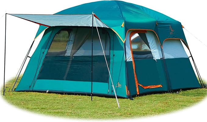KTT Extra Large Tent 6-10-12-14 Person(A)Family Cabin Tents2 Rooms3 Doors and 3 Windows with MeshStraight WallWaterproofDouble LayerBig Tent for OutdoorPicnicCampingFamily Gathering