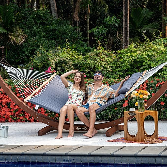 Lazy Daze Hammocks 12 FT Double Quilted Fabric Hammock with Spreader Bar and Detachable Pillow 2 Person Double for Outside Patio Poolside Backyard Beach 450lbs Capacity Gray