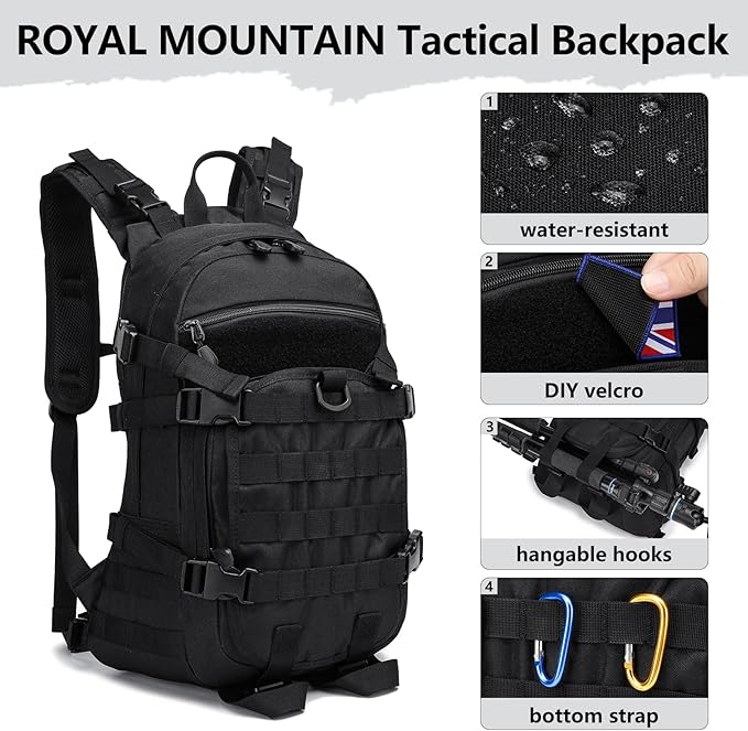 25L Small Tactical Backpack For Men Military Waterproof Backpack With Multiple Pockets 3-Day Bug Out Bag Molle Backpacks For Camping Hiking Military Traveling (Black)