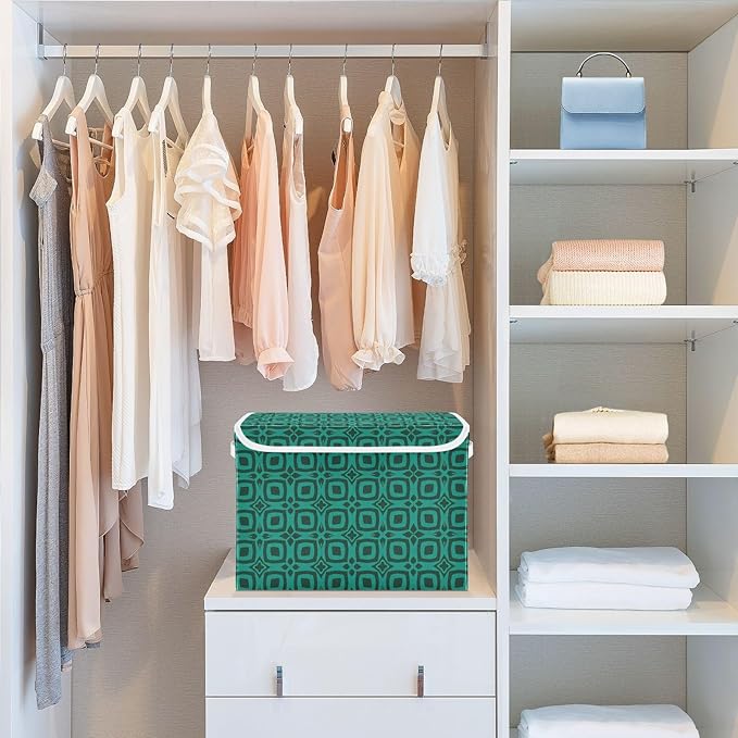 Teal Geometric Pattern Lidded Storage Bins with Handles - 16.5x12.6x11.8 Foldable Organizing Box Oxford Fabric &amp Honeycomb Board Dust-Proof Flip Lid for Closet/Office