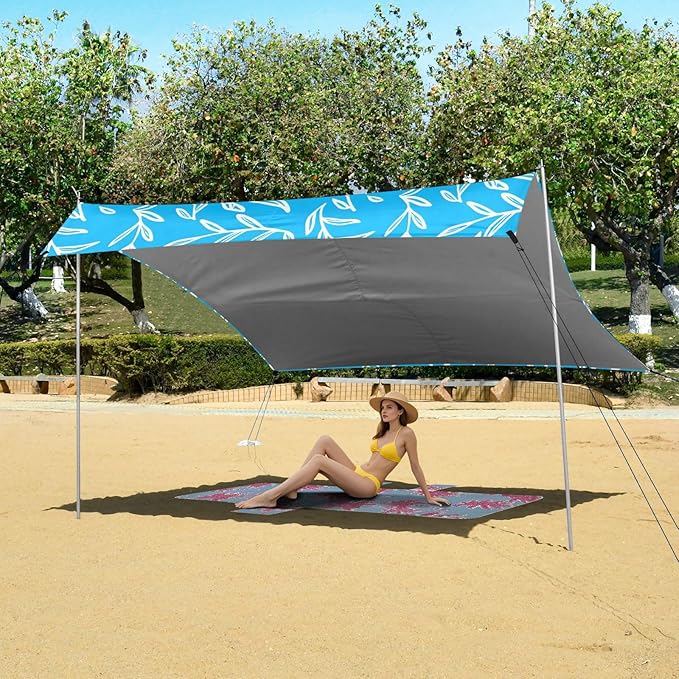 Beach Canopy with Windproof Ropes &amp Sandbags Beach Tent Sun Shade Sun Shelter for Camping Trips Fishing Backyard Fun or Picnics Branches