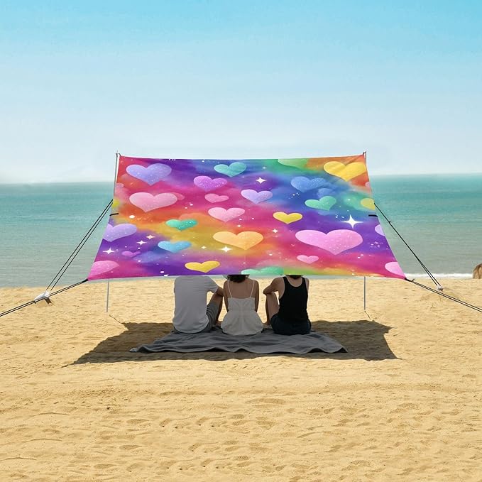 ALAZA Rainbow Love Hearts Stars Beach Tent Sun Shelter UPF50+ Protection Beach Shade Canopy w/ 4 Sandbags for Outdoor Camping Fishing Backyard Fun Picnic 10x9 ft