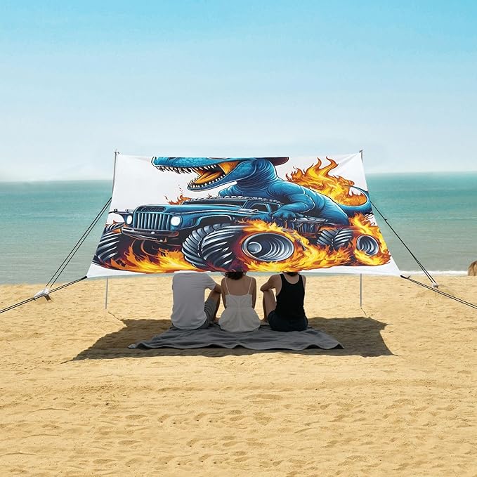 ALAZA Blue Dinosaur Truck Fire Beach Tent Sun Shelter Portable Canopy Sunshade for Outdoor Camping Picnics Backyard Fun 10x9 ft