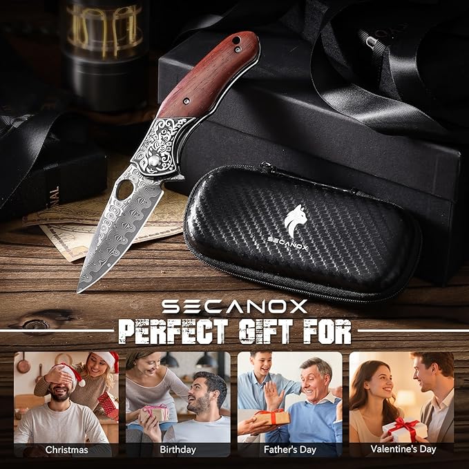 Damascus Pocket Knife for Men Wooden Handle and Sharp Damascus Steel Blade Folding Knives EDC Knifes for Outdoor Camping Hiking Collection