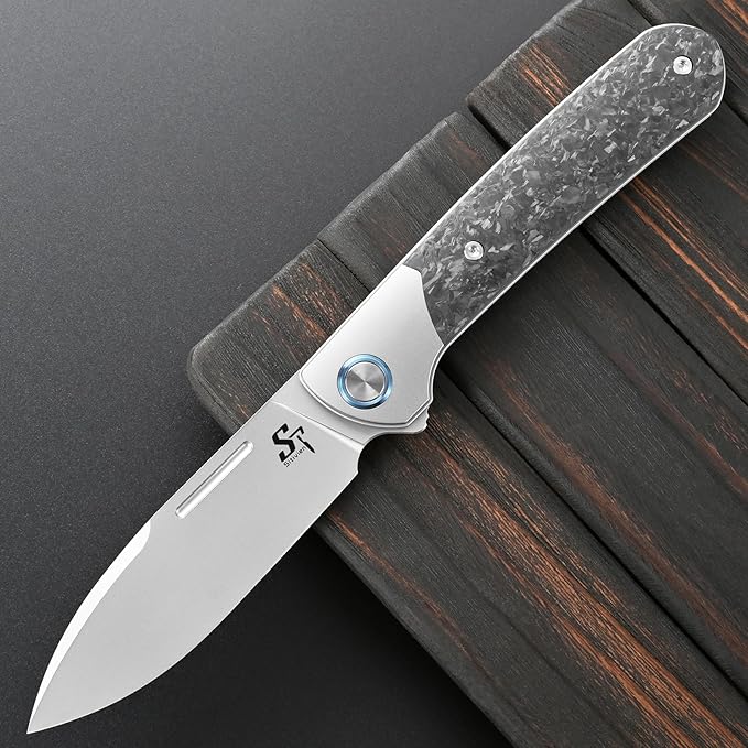 Sitivien ST995 Folding KnifeHandmade M390 Pearlescent Polishing Blade Titanium &amp Carbon Fiber Handle EDC Tool Knife for Outdoor Camping Hiking Survival(Gray)