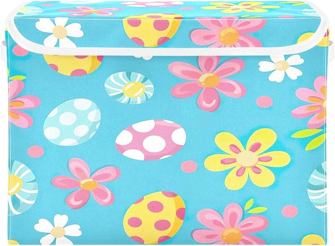 Christmas Storage Baskets with Lids Cute Flowers and Eggs Collapsible Bins Stackable Fabric Linen Baskets Closet Organizer Container 16.5x12.6x11.8