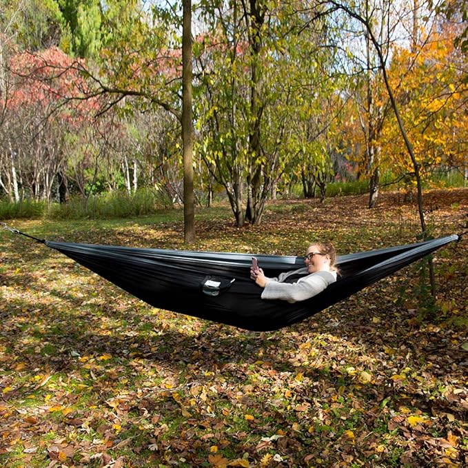 Vivere Double Parachute Camping Hammock Includes Stuff-Sack (Black/Grey)