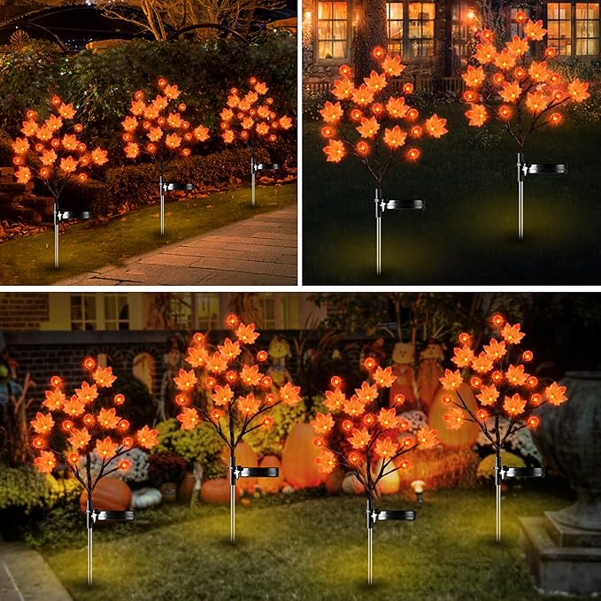 2 Pack Thanksgiving Decorations Lights Fall Decor Solar Lights Outdoor with 3D Maple Pumpkin 8 Modes Fall Thanksgiving Lights Outdoor Solar Lights Waterproof for Yard Decor