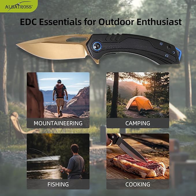 Unique Valentine‘s Gift Gold Blade Pocket Knife 3.3” Gold D2 Steel Black Aluminum &amp G10 Handle Fast-Open Thumb Hole Gift Case