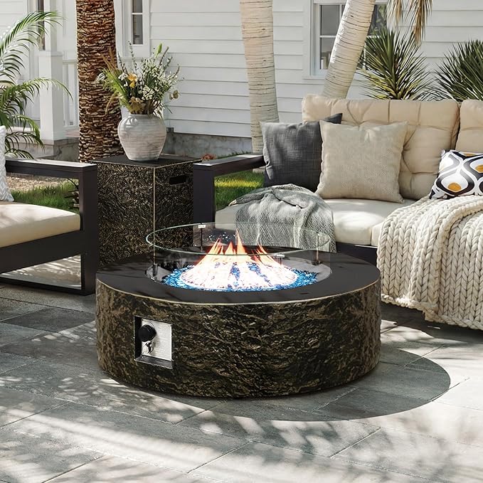 UPHA 42-inch Outdoor Propane Gas Fire Pit Table 50000 BTU Concrete Round FirePit for Outside Patio with Propane Tank Cover Wind Guard Blue Glass Rocks Rain Cover Bronze