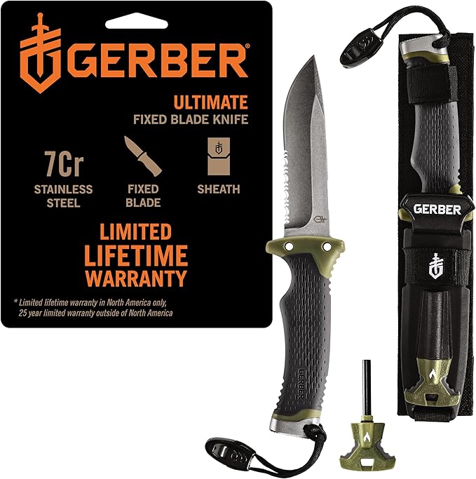 Gerber Gear Ultimate Survival Knife Fixed Blade Knife with Combo Edge includes Fire Starter Edge and Ferro Rod Whistle Sheath with Integrated Sharpener - Bushcraft Hunting and Camping Tool