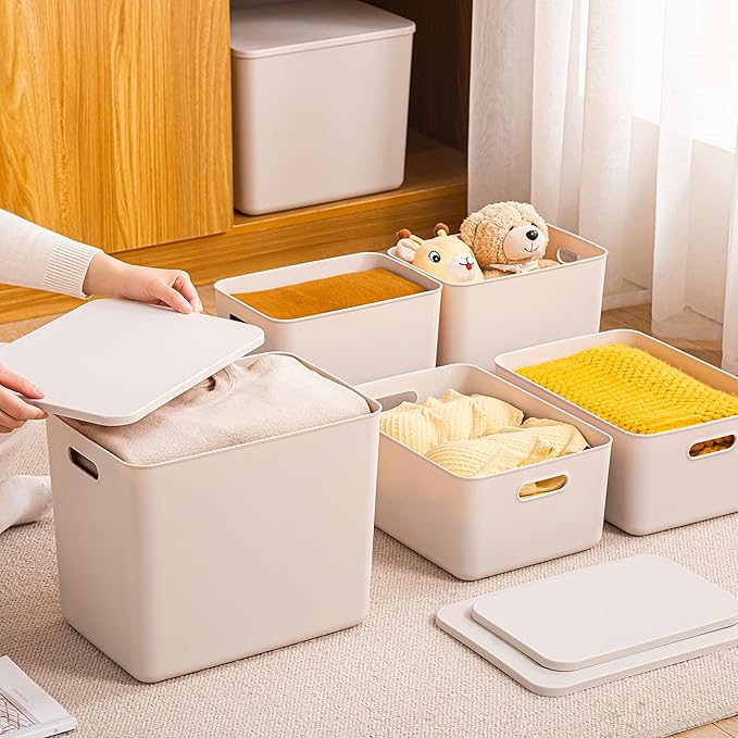 Plastic Storage Bins with lidsStorage BasketsContainer with handleStorage Organizer Bins for ShelvesOfficeBedroomsClosets Cabinets(Grey4XL)
