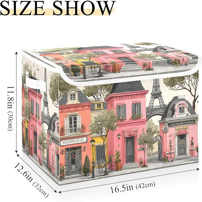 Street Of Paris Print Storage Basket Bins with Lid Foldable Flip-top with Handle for Home Office 16.5×12.6×11.8 in 1 Pack