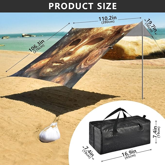 Carnival Golden Mask Pattern Beach Tent Sun Shelter Set UPF50+ UV Protection 10.5 x 9.19 FT Camping Shade Canopy with Sandbags Sand Anchors Carrying Bag and Others