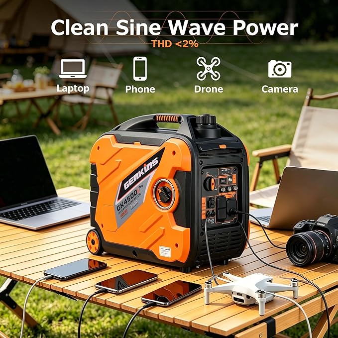 Genkins 4500W Portable Inverter Generator Gas Powered Pure Sine Wave Lightweight Quiet Parallel Capability for Camping RV Home Backup