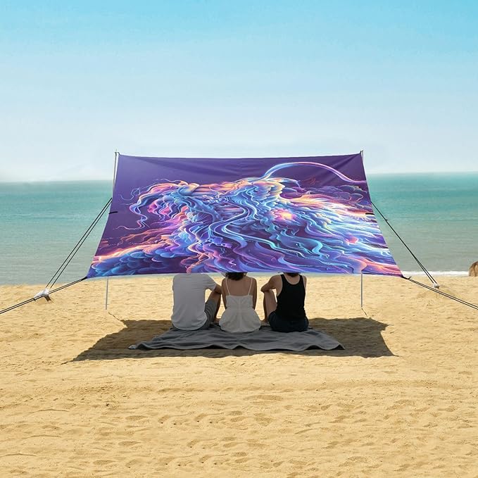 ALAZA Art Dragon Beach Tent Sun Shelter UPF50+ Protection Beach Shade Canopy w/ 4 Sandbags for Outdoor Camping Fishing Backyard Fun Picnic 10x9 ft
