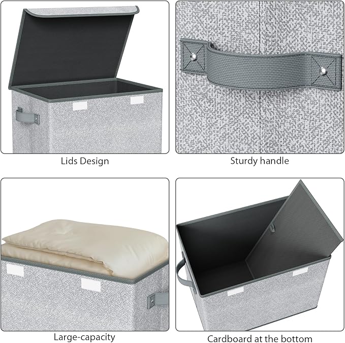 Univivi Storage Bins with Lids [4-Pack] Large Collapsible Stackable Fabric Storage Boxes with Lids Decorative Closet Organizers and Storage for Clothes Office Bedroom (Gray 17“ x 12” x 12)