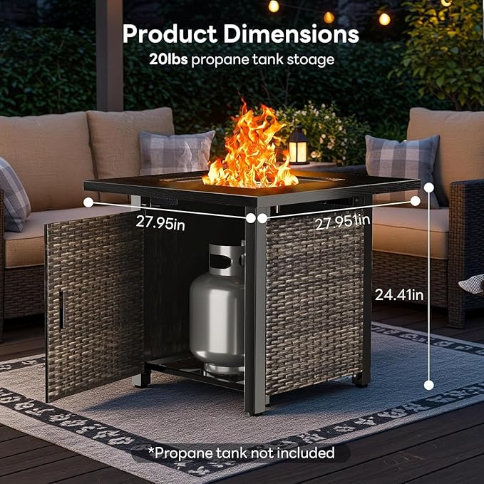 28 Inch Outdoor Propane Fire Pit Table 50000 BTU Square Rattan Propane Fire Pit with Steel Tabletop &amp Removable Lid 4-in-1 Gas FirePit Table with Glass Stones for Patio Backyard