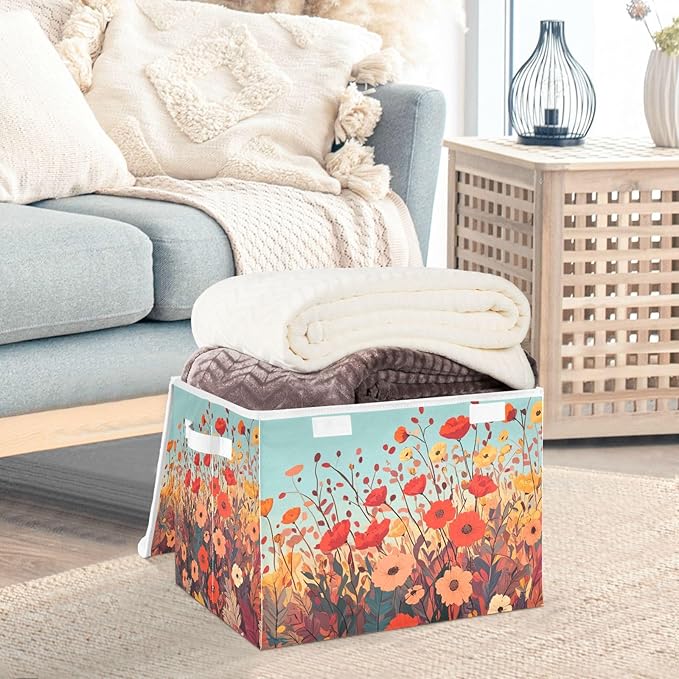 Collapsible Storage Bins with Lids Decorative Fabric Storage Cubes Closet Organizer and Storage Basket Boxes Containers for Clothes Box Chest Nursery Folding Rectangle Autumn Poppy Flowers