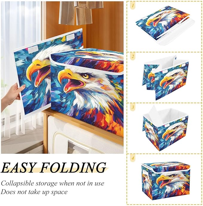 MNSRUU Containers Baskets with Lids Eagle Retro Fabric Foldable Storage Bins Organizer with Lid Collapsible Storage Boxes for Home Bedroom Closet Office