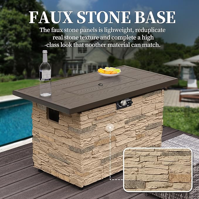 PIZZELLO 43 Inch Propane Fire Pit Table Outdoor Stone Firepit Table Rectangular 50000 BTU Gas Firepits for Outside Patio with Wind Guard Table Lid Fire Beads Cover Pizzello Caldo (Buff)