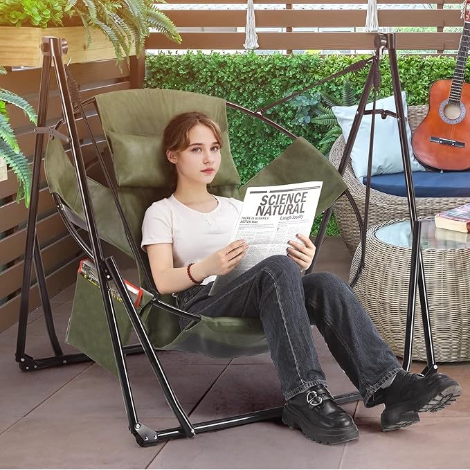 Arlopu 3 in 1 Portable Hammock with Steel StandFoldable PU Leather Swing Chair6-Level Standing Hammocks Included Carrying BagSide PocketPillowfor OutsideIndoorYardGardenPatioCamping(Green)