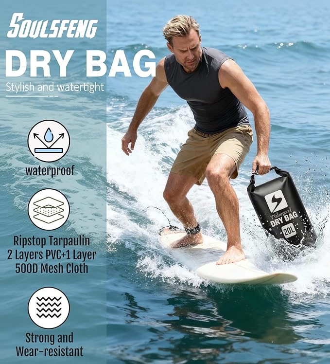 Soulsfeng Waterproof Dry Bag Backpack Roll Top Floating Dry Storage Bag with Phone Case Lightweight Dry Sack for Kayaking Boating Beach Travel Camping 20L Black