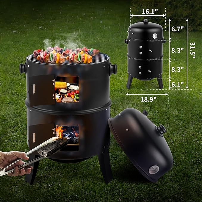 3-in-1 Vertical Charcoal Smoker Grill - Heavy Duty Portable Outdoor BBQ with Smoking Function Built-in Thermometer Air Vent &amp 2 Access Doors for Backyard Parties Camping