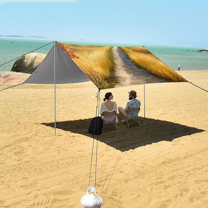 Beach Canopy with Windproof Ropes &amp Sandbags Beach Tent Sun Shade Sun Shelter for Camping Trips Fishing Backyard Fun or Picnics Autumn Landscape