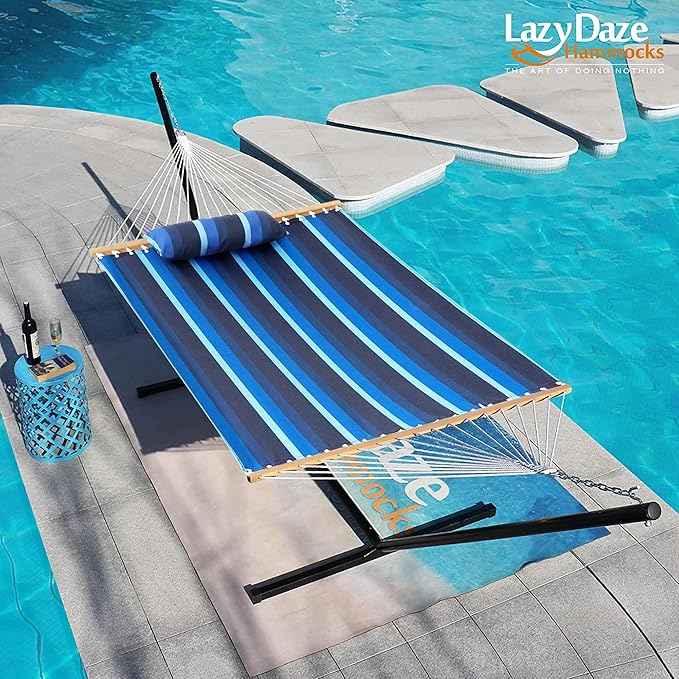 Lazy Daze Hammocks 12 FT Sunbrella Fabric Hammock not Fading with Spreader Bars and Free Pillow Fits for 2 Persons All Weather and Fade Resistant for Patio Yard 450 lbs Capacity Gateway Indigo