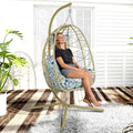 Hanging Egg Chair with Stand Outdoor Indoor Patio Rattan Swing Hammock Chairs with Washable Cushion PE Wicker Swing Chair for Backyard Bedroom Garden (Cyan + Floral Cushion No Footrest)