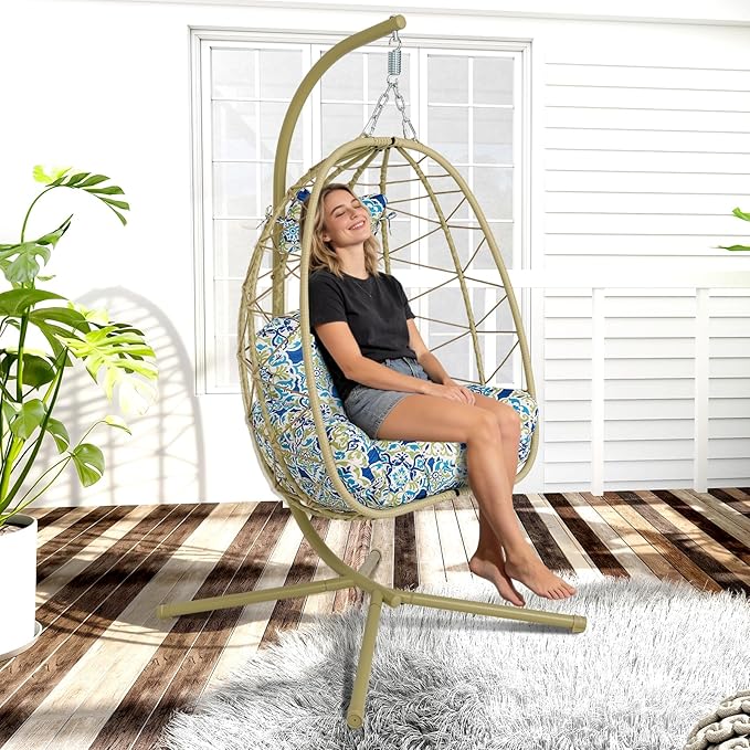 Hanging Egg Chair with Stand Outdoor Indoor Patio Rattan Swing Hammock Chairs with Washable Cushion PE Wicker Swing Chair for Backyard Bedroom Garden (Cyan + Floral Cushion No Footrest)