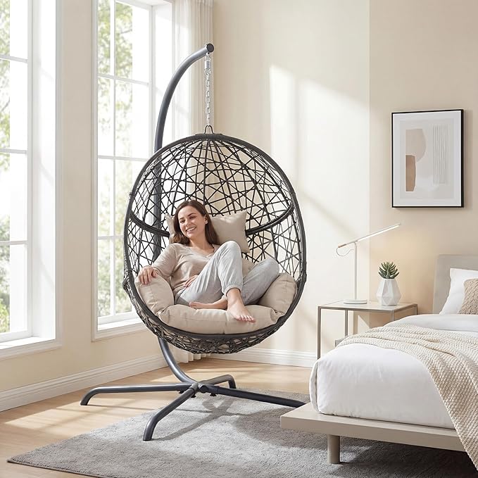 RADIATA Oversized Hanging Egg Chair with Stand Large Indoor Outdoor Swing Chair with Cushion 350lbs Wicker Bird Nest Eggshell Basket Chairs Patio Swinging Hammock Chair for Bedroom Garden Beige