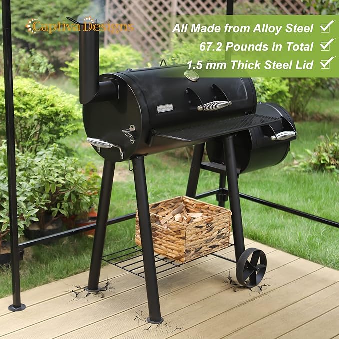 Captiva Designs Charcoal Grill with Offset Smoker All Metal Steel Made Outdoor Smoker 512 sq.in Cooking Area Best Combo for Outdoor Garden Patio and Backyard Cooking