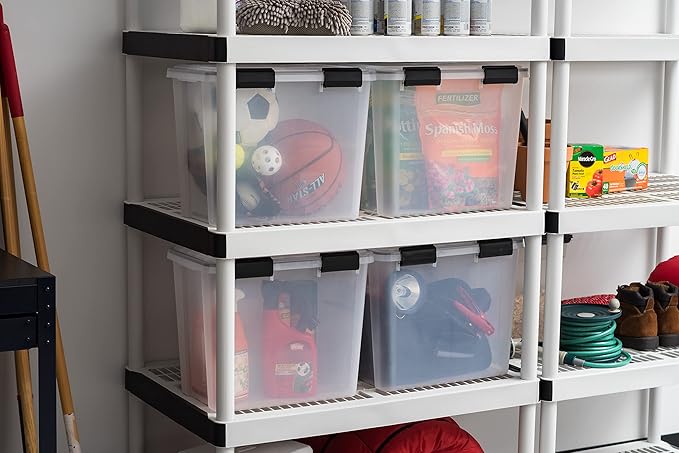 IRIS USA WeatherPro 32 Qt Storage Bins with Lids 4 Pack BPA-Free Plastic Gasket Box with Tight Latch and Seal Stackable Nestable Tote Tub - Clear/Black