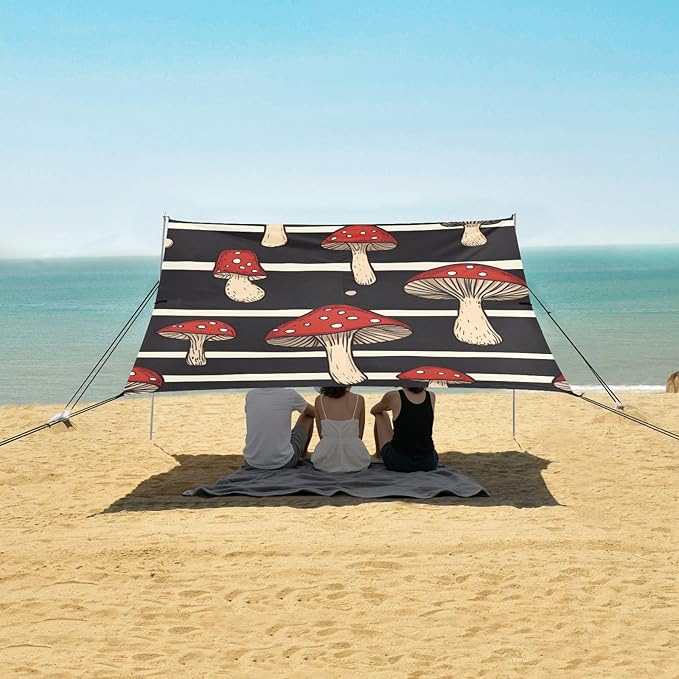ALAZA Red Mushrooms on Black White Strip Beach Tent Sun Shelter Portable Canopy Sunshade for Outdoor Camping Picnics Backyard Fun 10x9 ft
