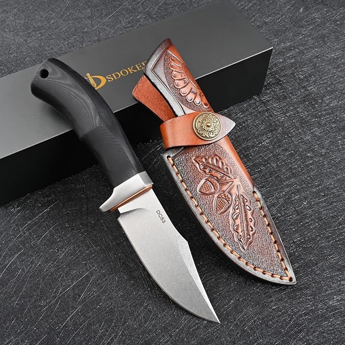 Knives DC53 Steel Fixed Blade Hunting Knife with Sheath Tactical EDC Knife for Men Outdoor Survival Camping Hiking Fishing (White Stone Wash)