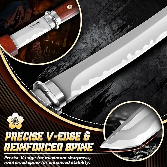 Dragon Creek Fixed Blade Knife - Plain Outdoor Survival Knife with Wooden Sheath Full Tang Handle for Camping Hiking Gift Men