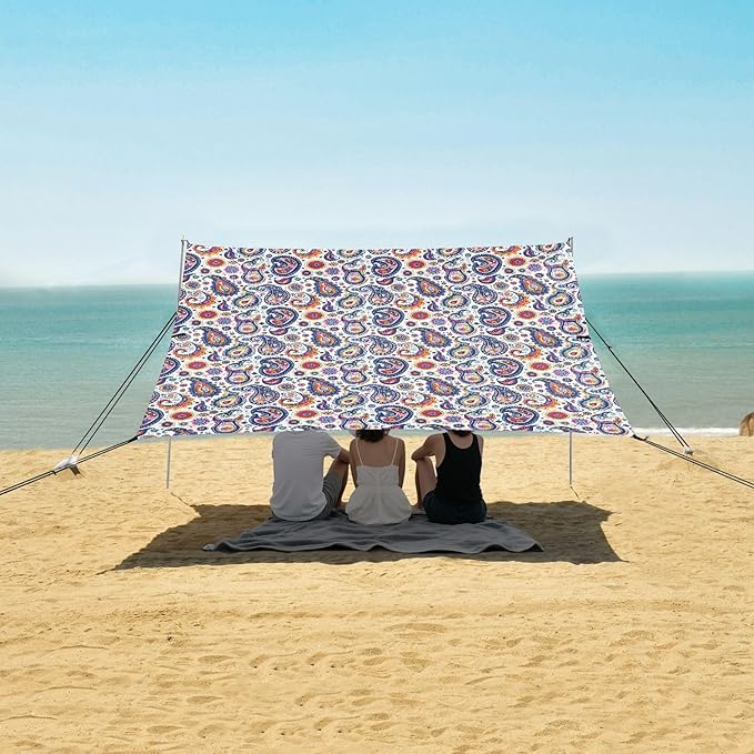 ALAZA Colorful Paisley Flower Beach Tent Sun Shelter UPF50+ Protection Beach Shade Canopy w/ 4 Sandbags for Outdoor Camping Fishing Backyard Fun Picnic 10x9 ft
