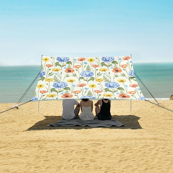 xigua Wildflowers Beach Tent Sun Shelter with Carrying Bag - Silver Coated Oxford Fabric Beach Canopy for Beach Camping Fishing - Includes Windproof Ropes Sandbags &amp Stakes