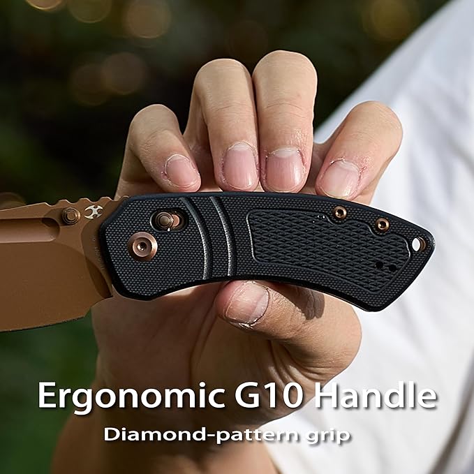 KANSEPT Korvid V Pocket Knife 2.91'' America Rose Gold Coated D2 Blade Black G10 with Diamond Pattern Handle Thumb Stud with Crossbar Lock Double Sided Clip for EDC Camping Folding Knives TE2030V1