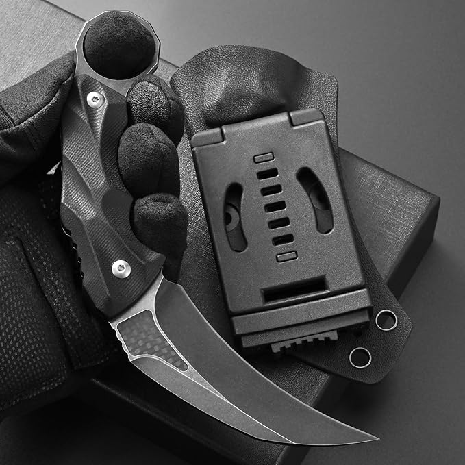 Ccanku C1692 Carbon Fiber Fixed Blade KnifeD2 Steel G10 Handle 4 Inches Camping EDC Tools Survival Claw Teeth Knife with Kydex Sheaths(Black) … …
