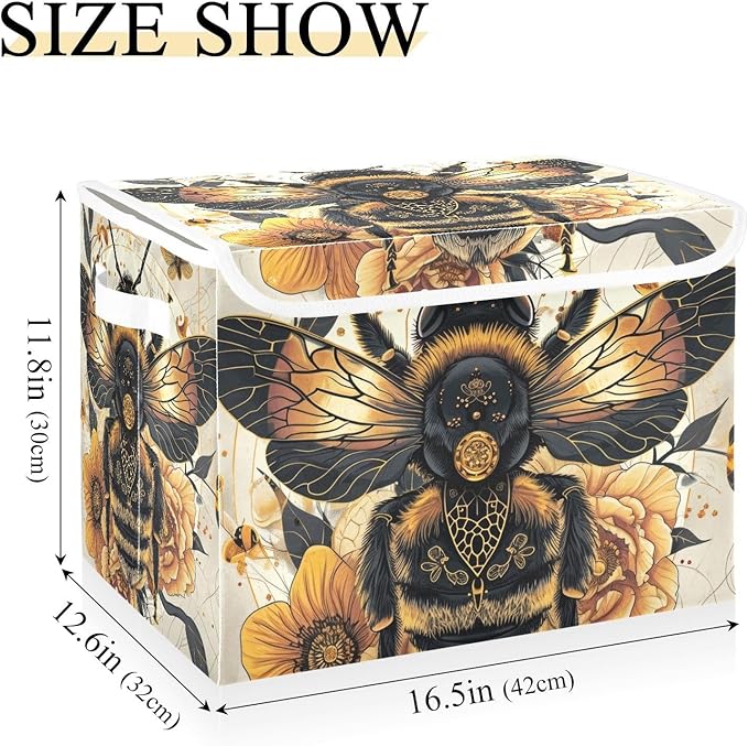 Bee Gold Floral Large Storage Bins with Linen Foldable Storage Box Fabric Closet Organizer Containers Cubes with Flip-Top Lid for Home Office 16.5” x 12.6” x 11.8”